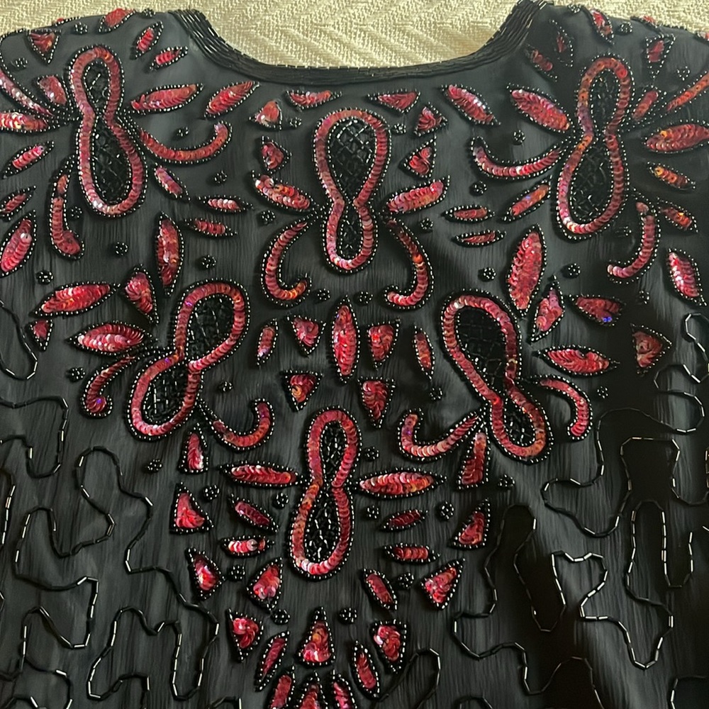 Vintage Beaded Jacket Sequins Black Red  Valentine Medium NWT - Picture 7 of 11